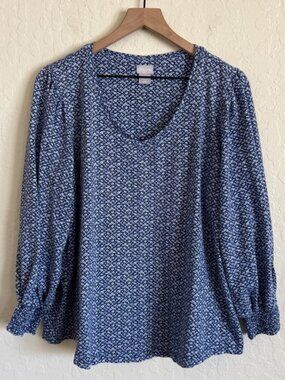 Chicos Cotton Modal V-Neck Puff Sleeve Smocked Cuff Top XL Blue Printed Boho
